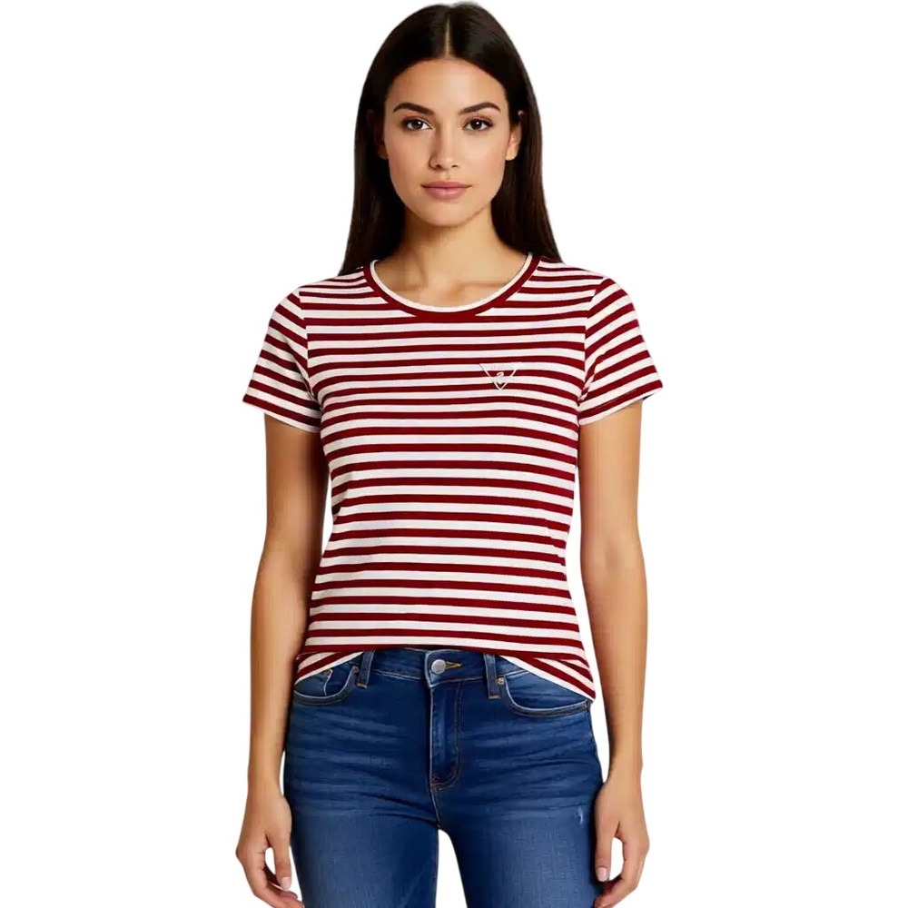GUESS Womens Red White Striped Logo Crew Neck Short Sleeve Tee Shirtโ M NWT